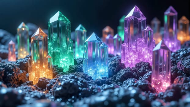 A collection of colorful crystals on a rocky surface. The colors are vibrant and the crystals are arranged in a way that creates a sense of depth and dimension. The scene evokes a feeling of wonder