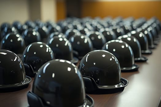 Uniform rows of black safety helmets lined up on a table, symbolizing preparedness and safety.