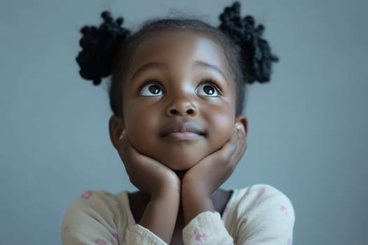 A pensive child rests her chin in her hands, gazing upwards with a dreamy expression, capturing a moment of imagination.