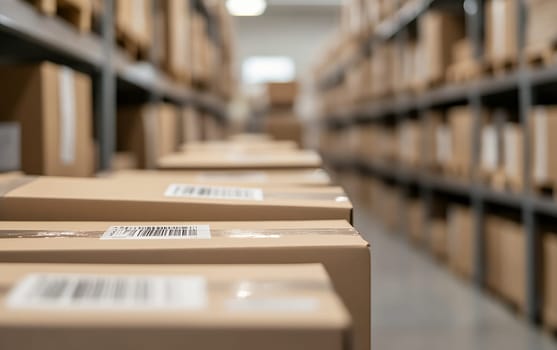 A warehouse aisle filled with stacked cardboard boxes, illustrating logistics and storage.