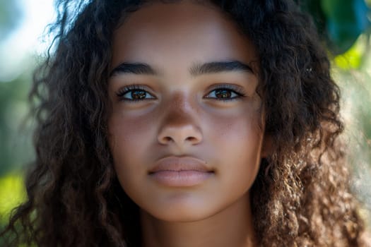 Portrait of a young woman with natural beauty and curly hair, looking confidently into the camera.