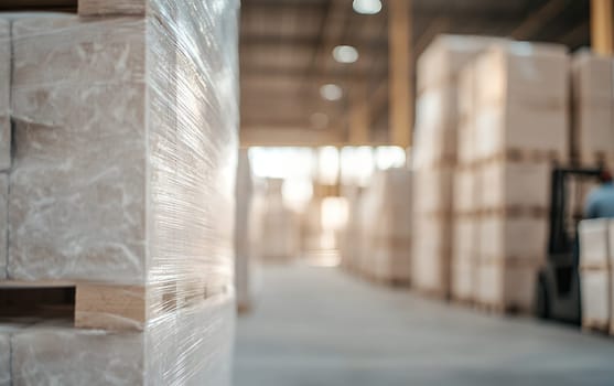 Stacked pallets wrapped in plastic inside a large warehouse, showing industrial storage and logistics.