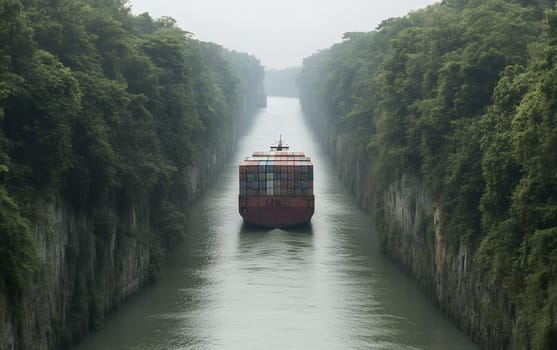 A massive cargo ship navigates a narrow canal surrounded by lush greenery, emphasizing global trade and transport.