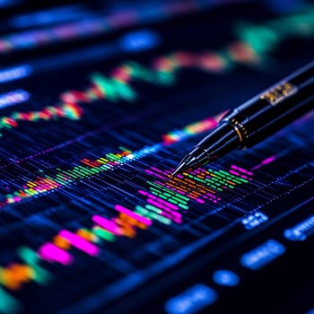A pen points at a colorful stock market graph on a screen, representing finance and investment analysis.