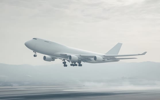 A large airplane takes off from the runway on a misty day, showcasing the power and elegance of aviation.