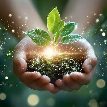 Hands gently hold a growing plant with glowing energy, symbolizing care and sustainability in nature.