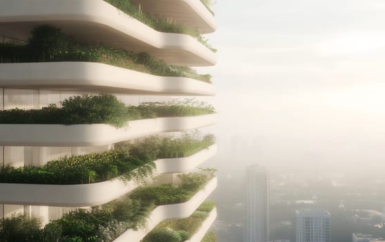 A modern building features lush sky gardens on its balconies, promoting urban sustainability and nature.