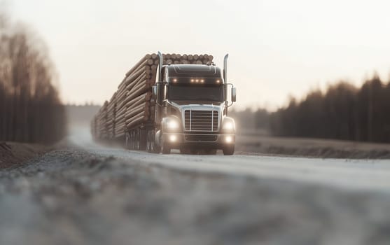 A logging truck loaded with timber drives along a misty rural road, emphasizing industry and nature.