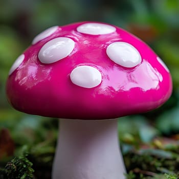 A vibrant pink toadstool mushroom with white spots, nestled among greenery in a forest setting.