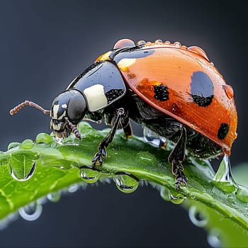 A close-up of a vibrant ladybug on a dewy leaf, capturing the beauty and detail of nature.
