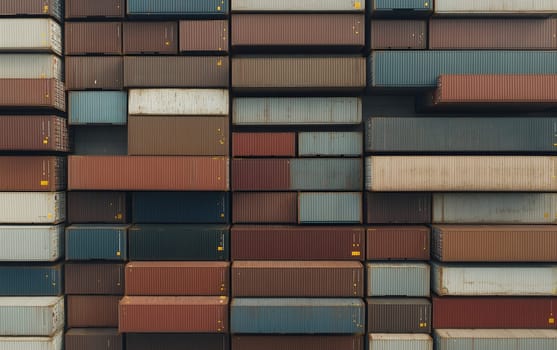 A dense arrangement of colorful shipping containers, forming a geometric pattern of trade and industry.