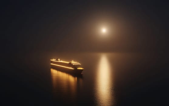 Illuminated cruise ship sailing under a full moon, casting a serene reflection on the water.