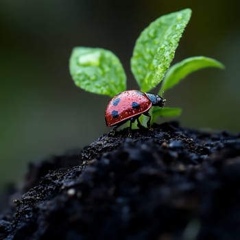 A ladybug perched on a leaf, surrounded by dew drops, highlighting its vivid red and black colors.