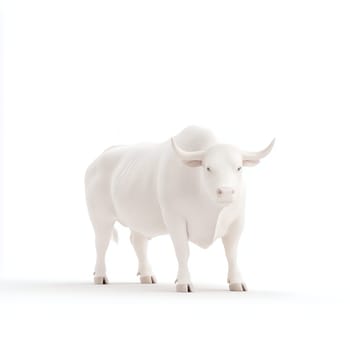 A minimalistic white bull sculpture stands against a plain background, offering copy space for text.