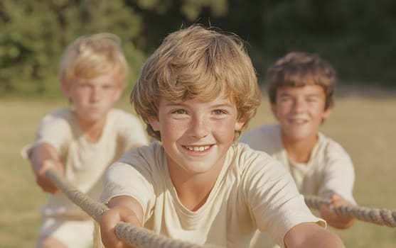 Smiling children play tug of war outdoors, displaying teamwork and fun in a sunny setting.