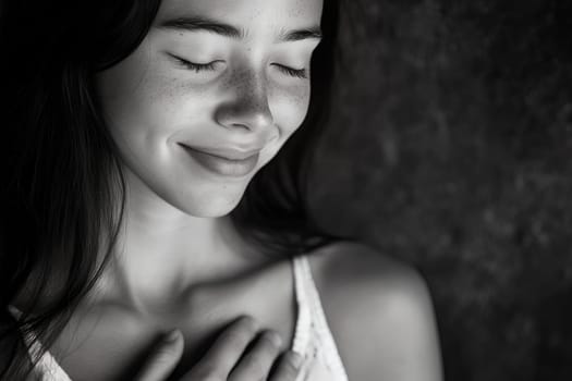 A young woman with a serene expression, eyes closed, embodying tranquility and inner peace.
