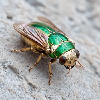 A jewel beetle with iridescent colors rests on a rock surface, highlighting its vivid details and natural habitat.