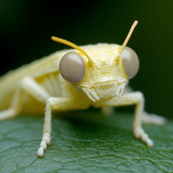 A close-up of a yellow insect resting on a green leaf, showing its unique texture and features in the wild.