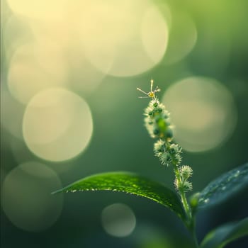 A tiny spider delicately positioned on a leaf against a blurred background, creating a serene natural scene.