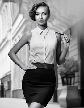 pretty young woman in black and white in miniskirt, AI generated image