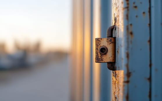 A rusty door hinge glows warmly in the sunset, highlighting its weathered texture and age.