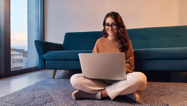 young female student seated on the floor with laptop pc, AI generated image