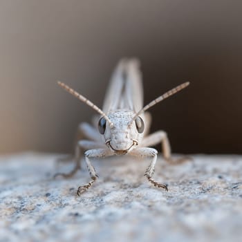 A detailed close-up of a grasshopper on a rock, showcasing its intricate features and natural habitat.