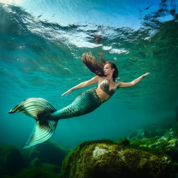 pretty young mermaid woman swimming in the sea, AI generated image