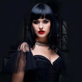 pretty young goth woman dressed in black, AI generated image