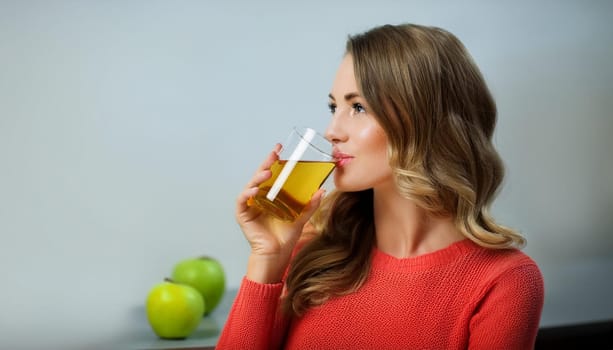 pretty young woman drinking apple juice, AI generated image
