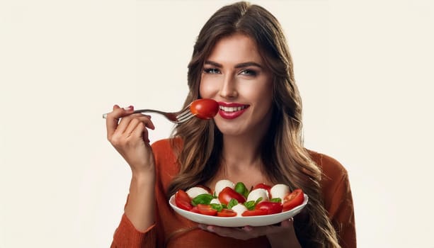 pretty young woman eating tomato and mozzarella, AI generated image