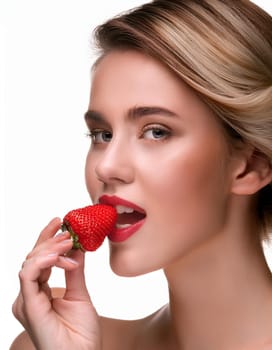 gorgeous young woman eating strawberries, AI generated image