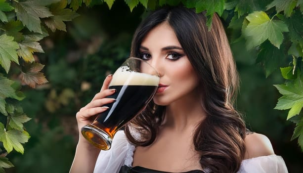 gorgeous young goth woman drinking beer, AI generated image