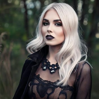 pretty young goth woman dressed in black, AI generated image