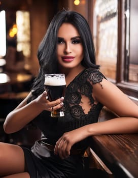 gorgeous young woman drinking beer at the pub, AI generated image