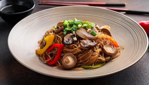 vegetarian asian rice noodles with shiitake mushrooms and vegetables, AI generated image