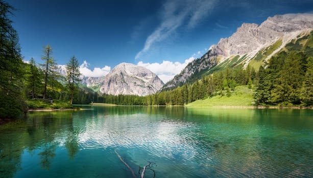 alpine mountains lake landscape view, AI generated image