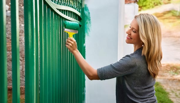 gorgeous woman painting green fence gate, AI generated image