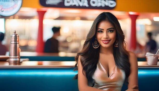 gorgeous indian woman at american diner bar, AI generated image