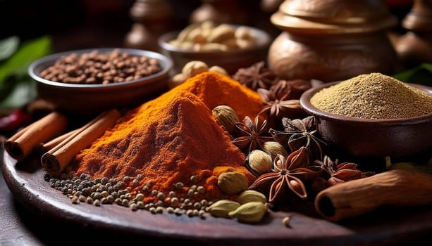 many hot indian spices including curry and curcuma, AI generated image