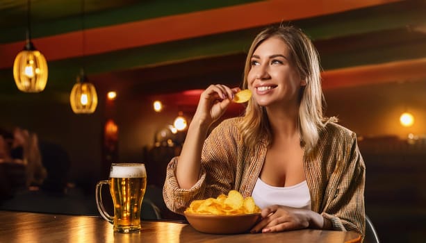 gorgeous young woman eating crisps drinking beer at the pub, AI generated image