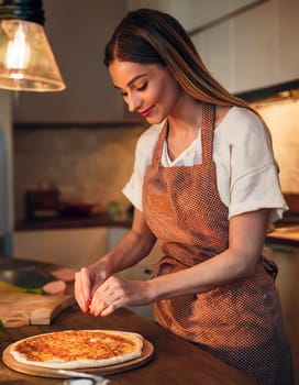 pretty young woman preparing pizza, AI generated image