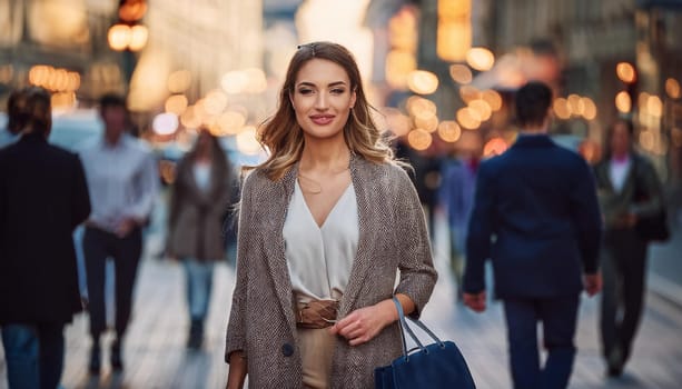 beautiful young elegant woman walking down a busy street, AI generated image