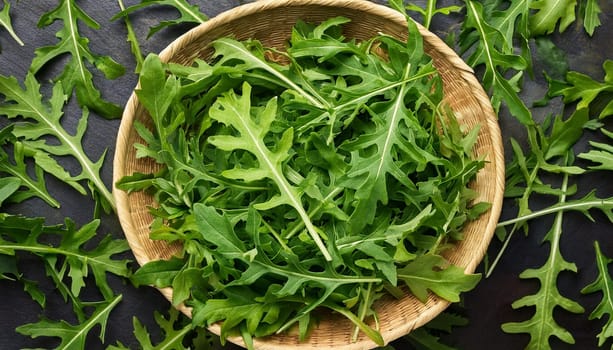 rocket salad flat top view, AI generated image