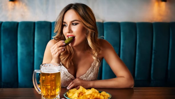 gorgeous young woman drinking beer at the pub, AI generated image