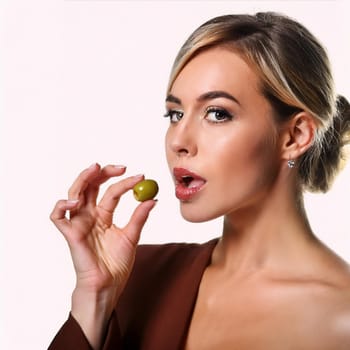 pretty young woman eating green olive, AI generated image