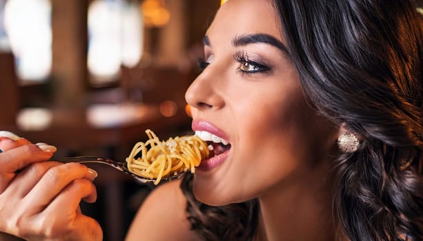 gorgeous young woman eating macaroni cheese and drinking beer at pub, AI generated image