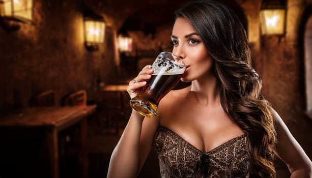 pretty young goth woman drinking dark beer in medieval tavern, AI generated image