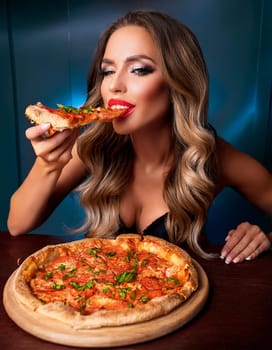 pretty young woman eating pizza margherita, AI generated image