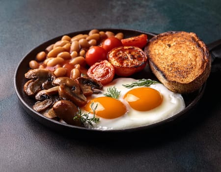 vegetarian English breakfast with baked beans fried mushrooms and egg, AI generated image